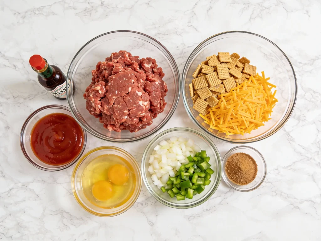 Ingredients for Cracker Barrel meatloaf laid out on counter