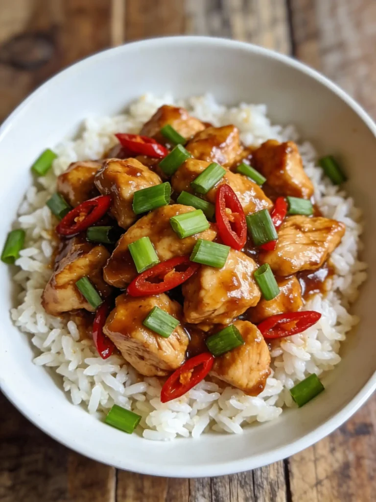 Crockpot Kung Pao Chicken in a bowl with rice