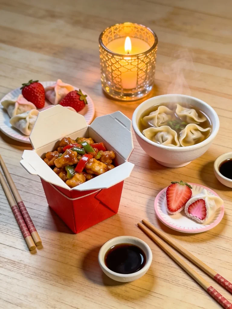 Fakeout takeout dinner with Kung Pao Chicken and sides