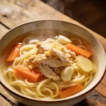 Bowl of ginger garlic chicken noodle soup on rustic table