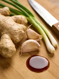 Fresh ginger and garlic prepared for soup