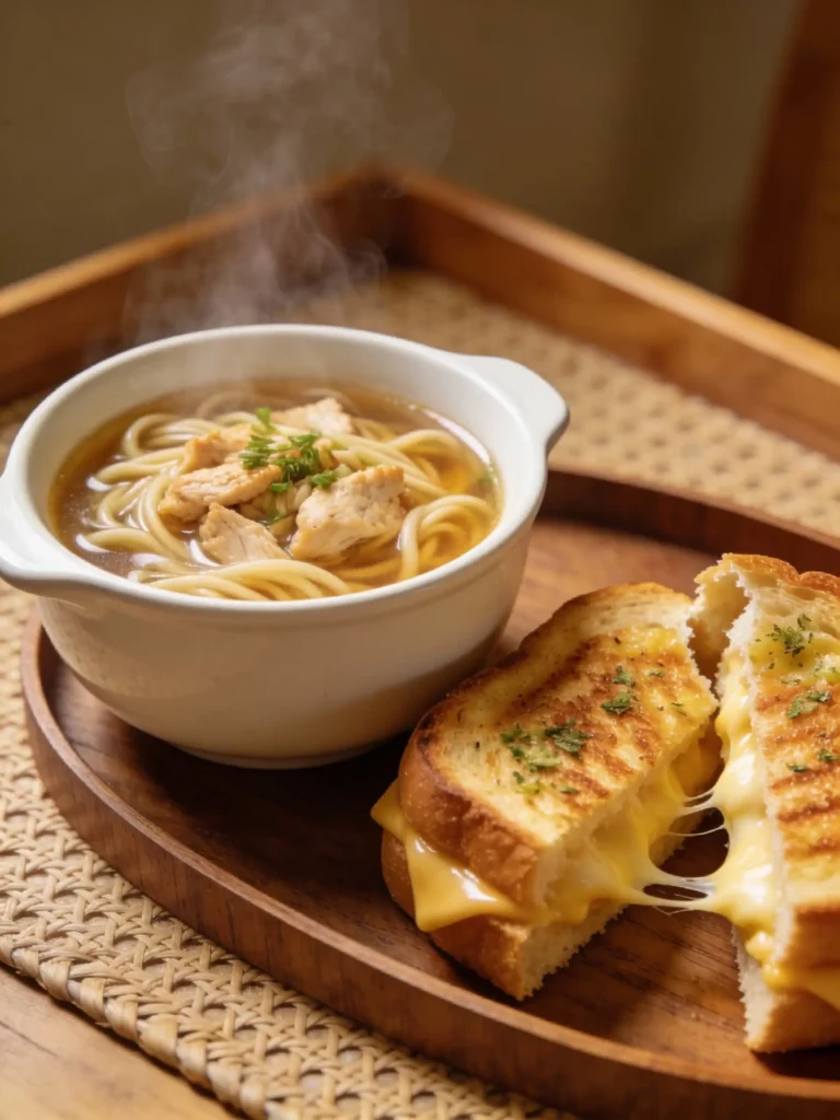Chicken noodle soup with garlic grilled cheese