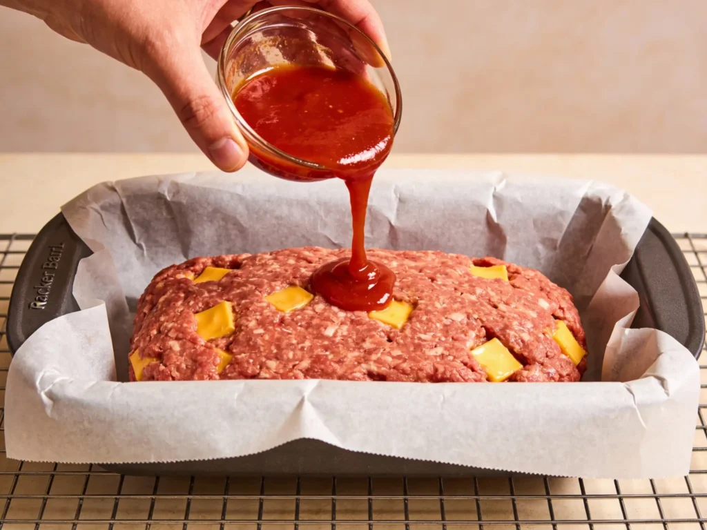 Cracker Barrel meatloaf shaped and glazed before baking