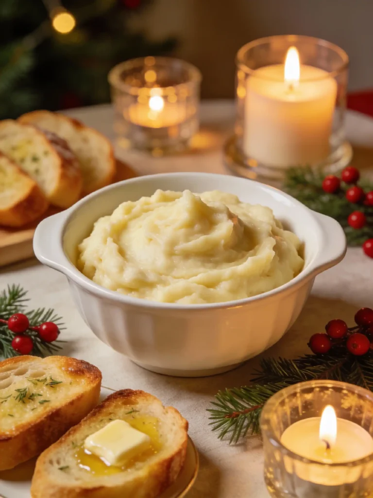 Holiday table with mashed potatoes and sides