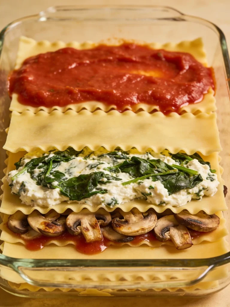 Layering spinach mushroom lasagna