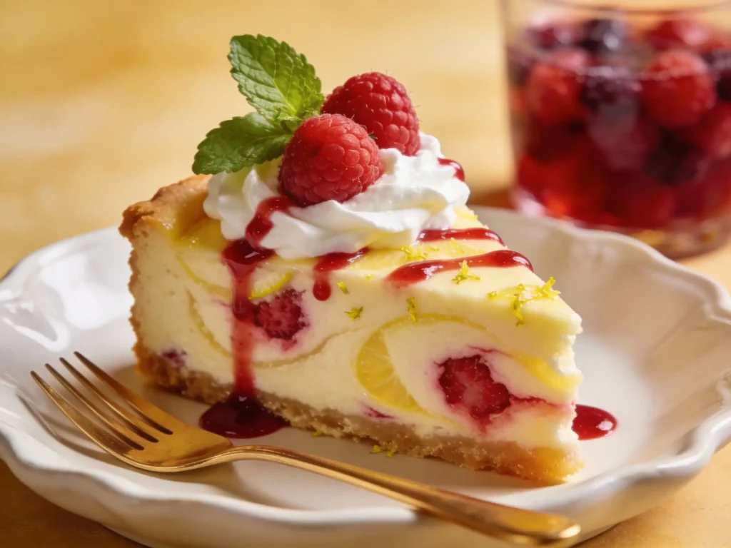 Served Slice of Lemon Raspberry Swirl Cheesecake