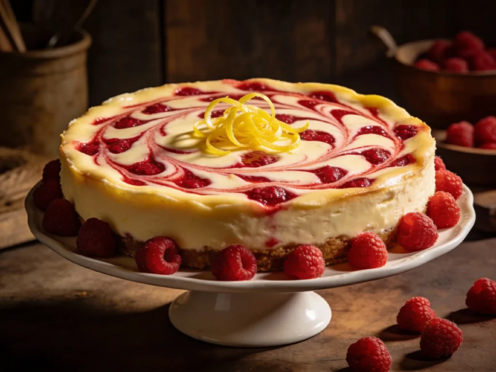 Lemon Raspberry Swirl Cheesecake on White Cake Stand