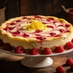 Lemon Raspberry Swirl Cheesecake on White Cake Stand