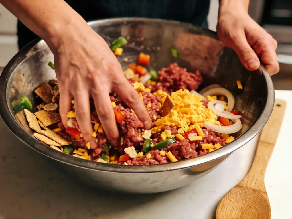 Mixing Cracker Barrel meatloaf ingredients in bowl