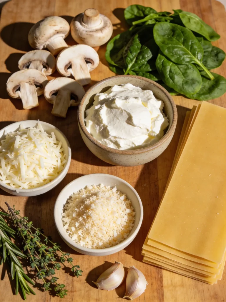 Ingredients for spinach mushroom lasagna recipe