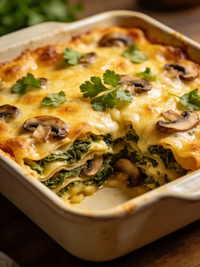 Baked spinach mushroom lasagna in dish