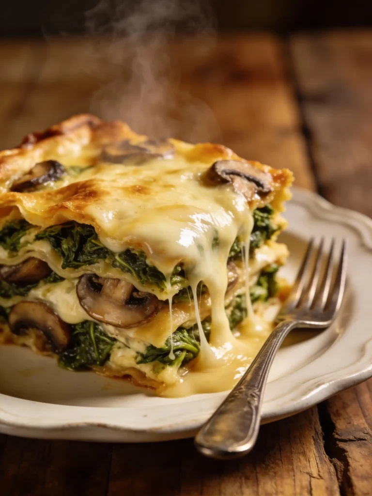 Spinach mushroom lasagna recipe slice on ceramic plate