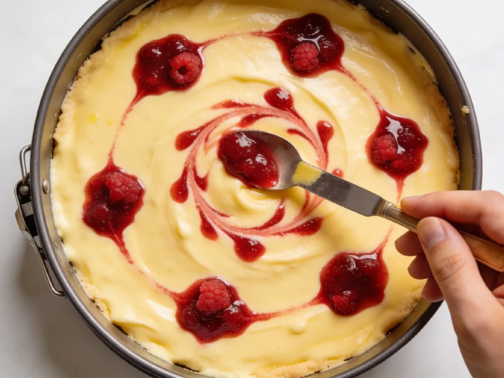 Swirling Raspberry Sauce Into Cheesecake Batter