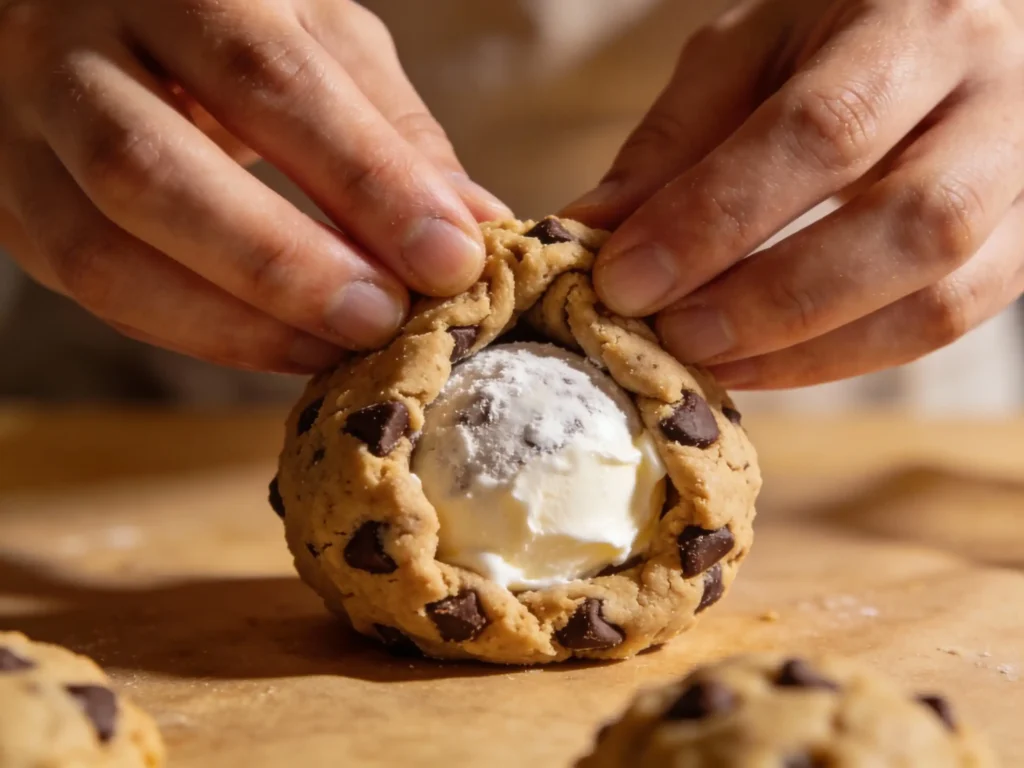 Wrapping cookie dough around frozen cheesecake filling for stuffed cookies