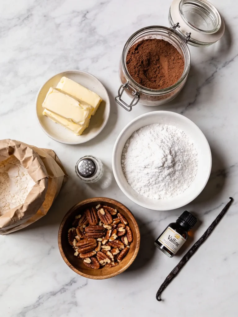 Ingredients for classic chocolate snowball cookies