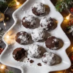 Classic chocolate snowball cookies on holiday platter