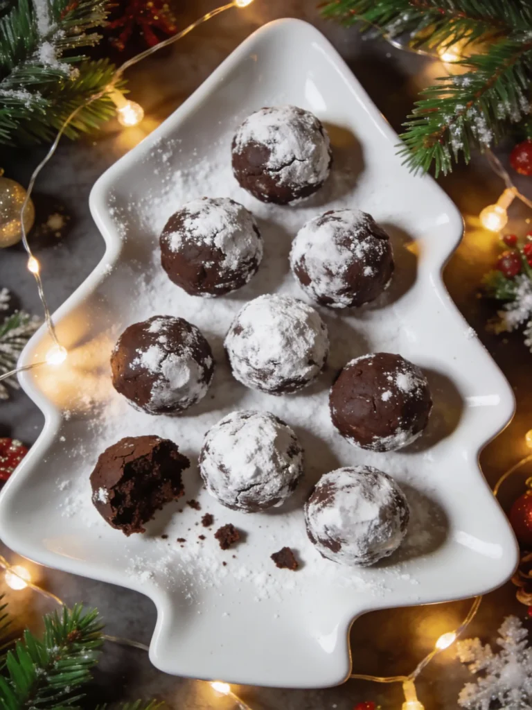 Classic chocolate snowball cookies on holiday platter