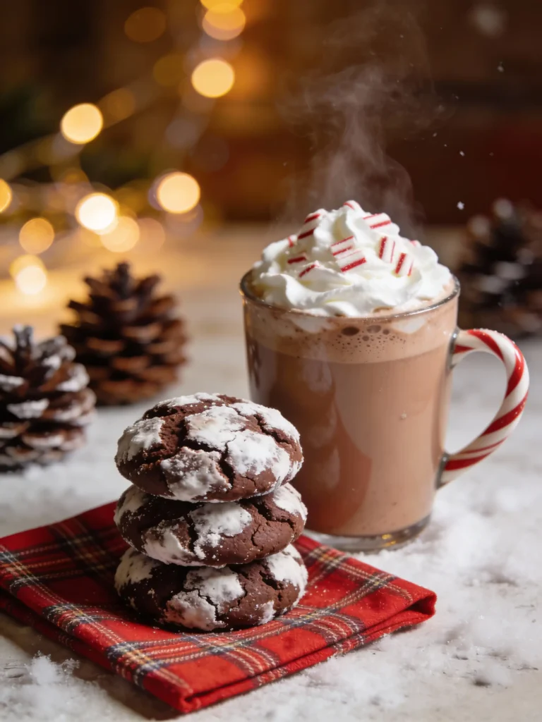 Chocolate snowball cookies served with hot cocoa