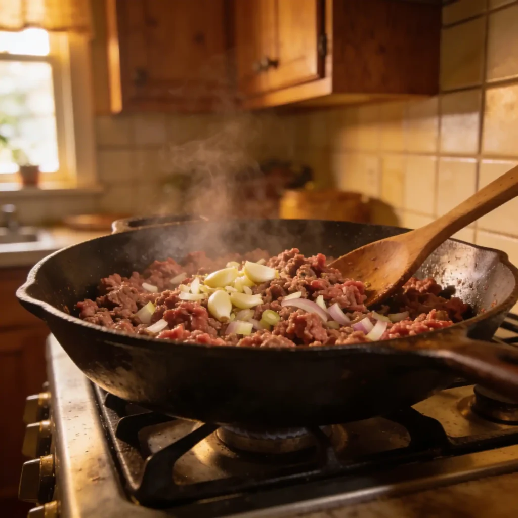 Browning ground beef for easy one pot beef and shells