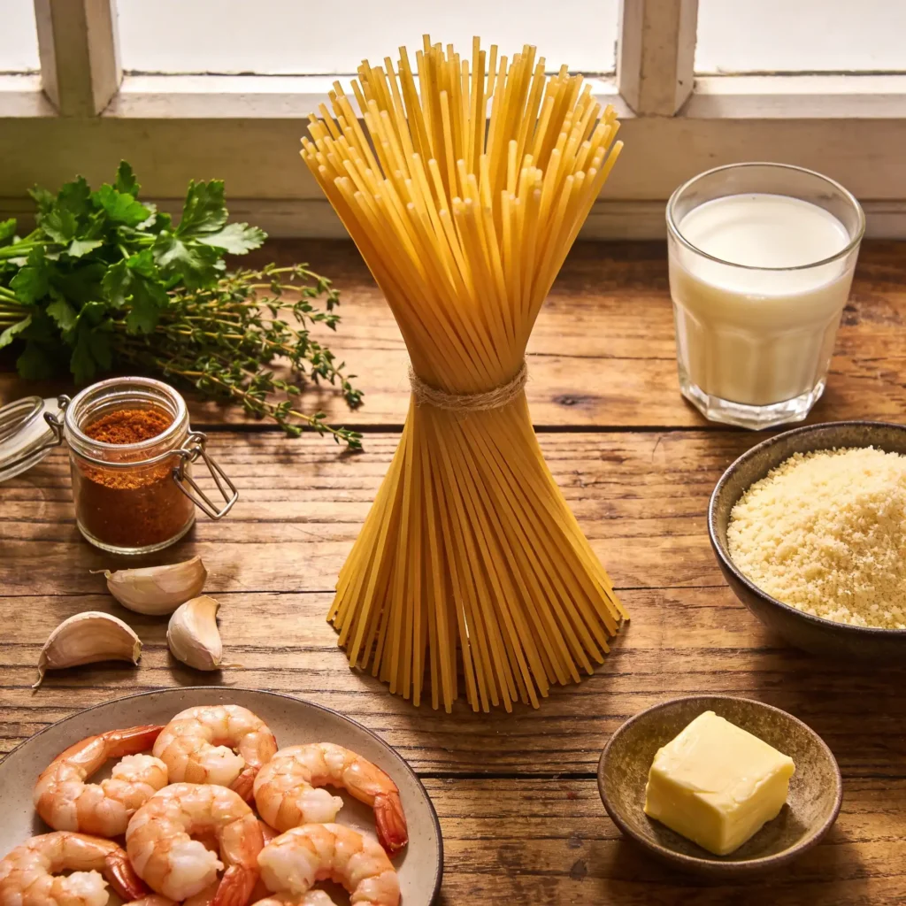 Ingredients for creamy Cajun shrimp pasta volcano recipe