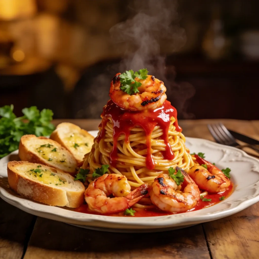 Serving creamy Cajun shrimp pasta volcano dinner plate