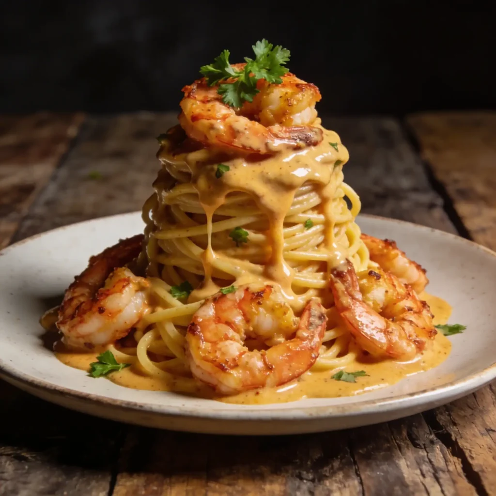 Creamy Cajun shrimp pasta volcano with spicy shrimp and creamy Cajun sauce