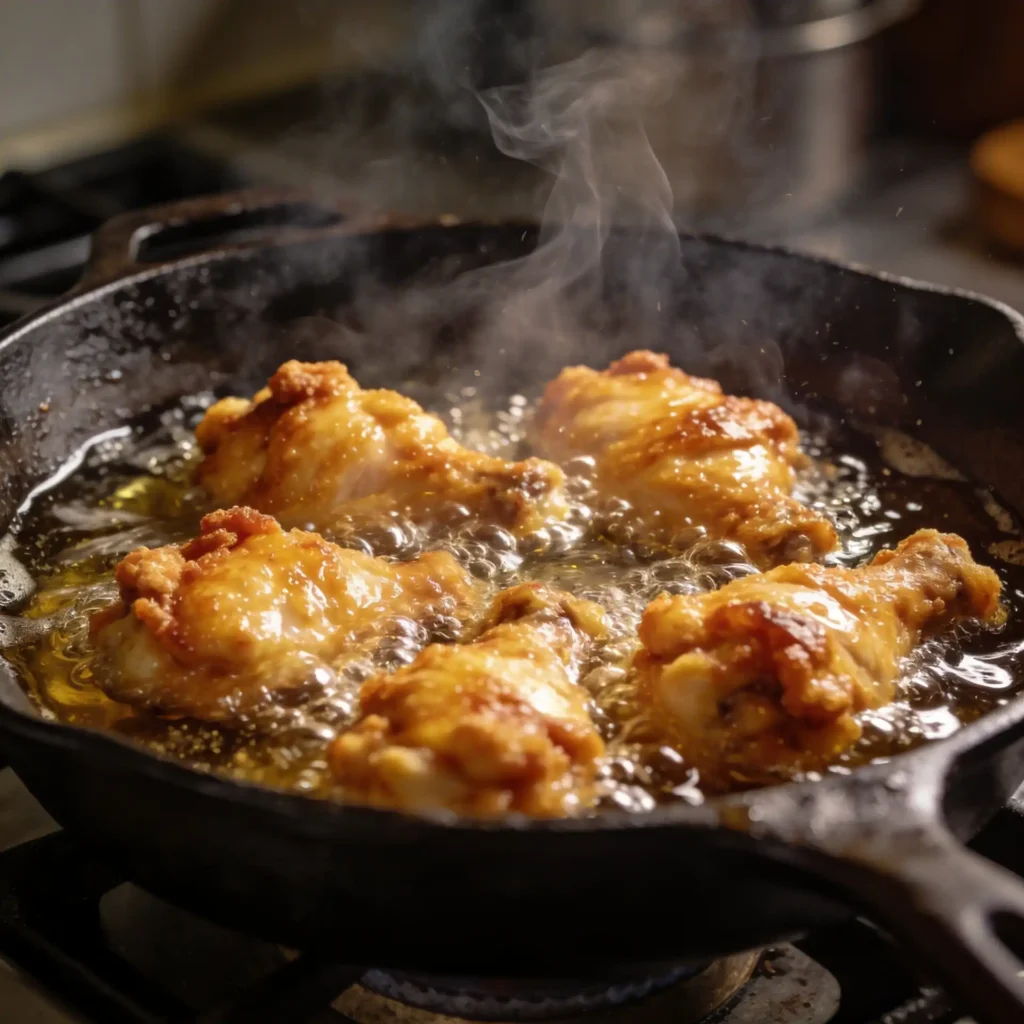 Frying Hawaiian Mochiko Chicken in hot oil