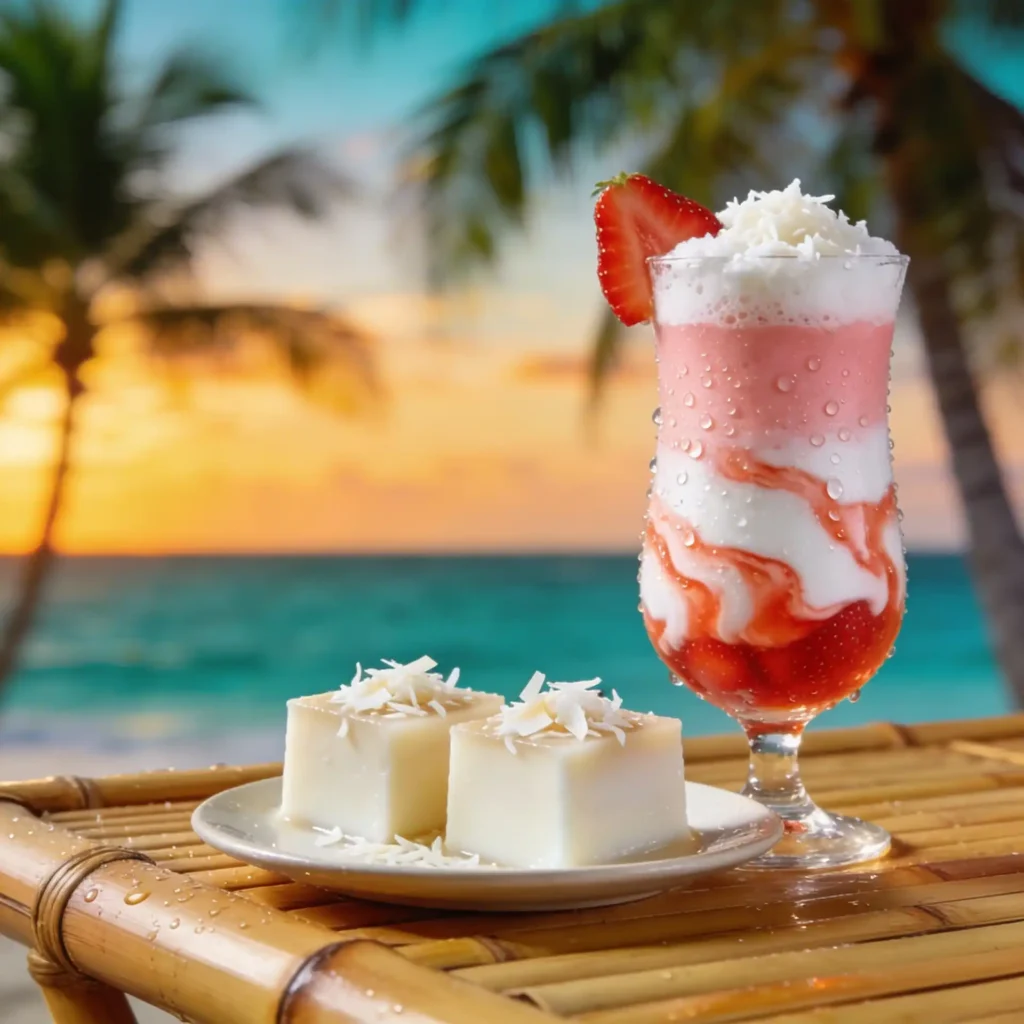 Hawaiian haupia dessert with tropical lava flow drink