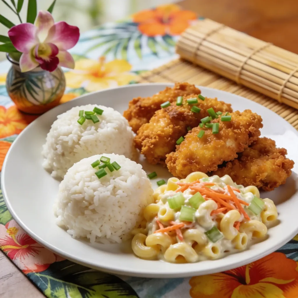 Hawaiian Mochiko Chicken plate lunch serving