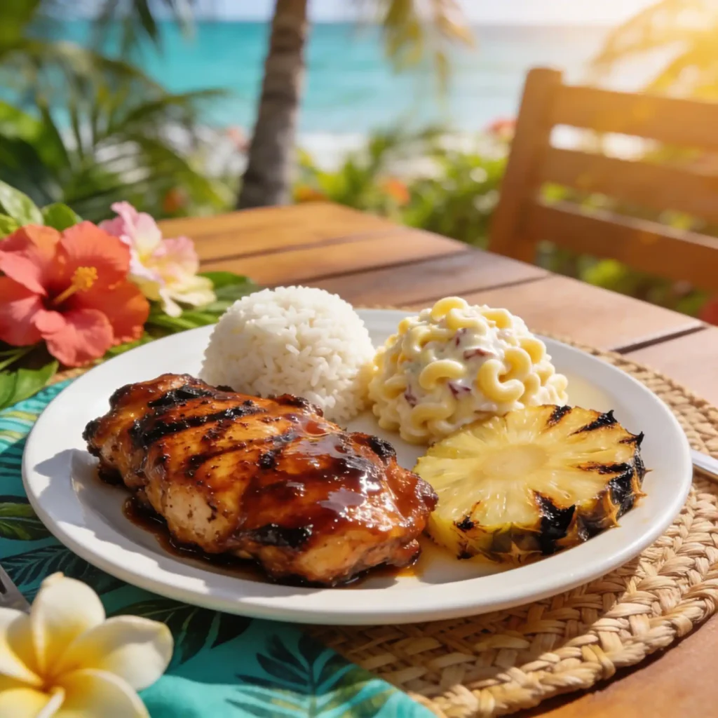 Hawaiian Plate Lunch with two scoops rice macaroni salad and grilled chicken