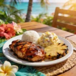 Hawaiian Plate Lunch with two scoops rice macaroni salad and grilled chicken