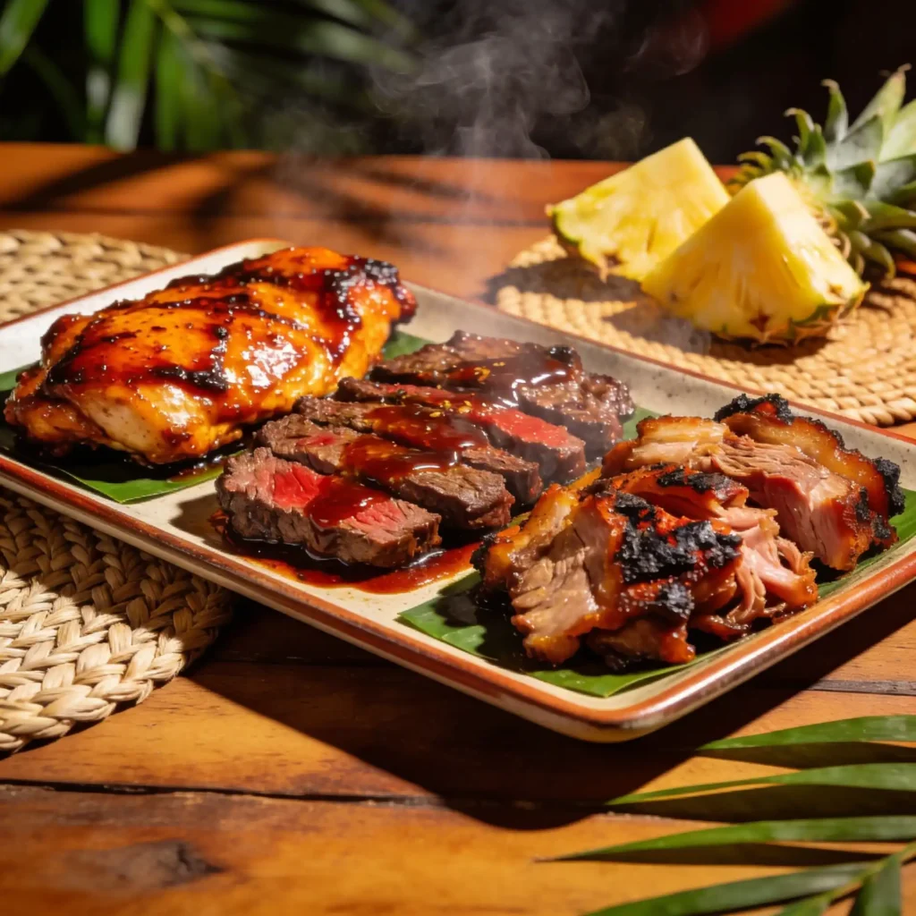Popular proteins for Hawaiian plate lunch including chicken beef and pork
