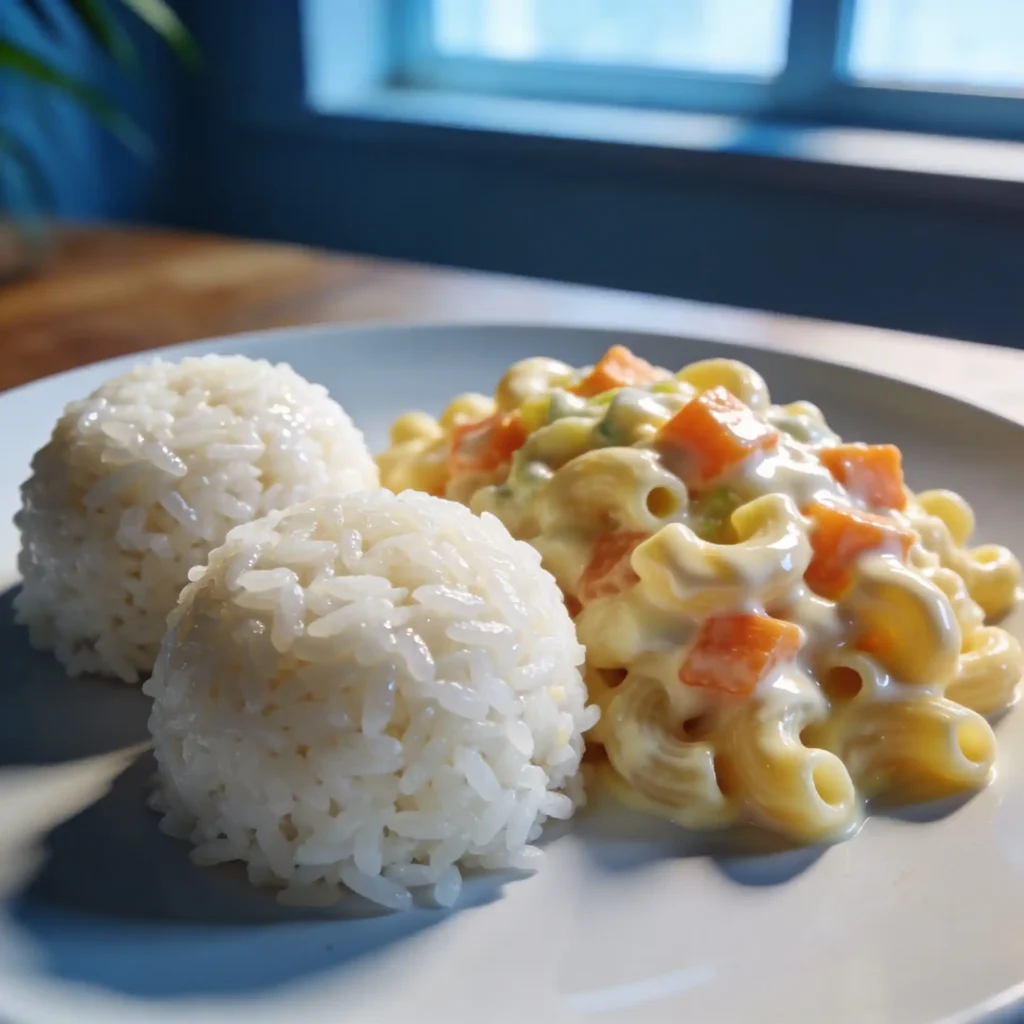 Two scoops rice and macaroni salad in Hawaiian plate lunch