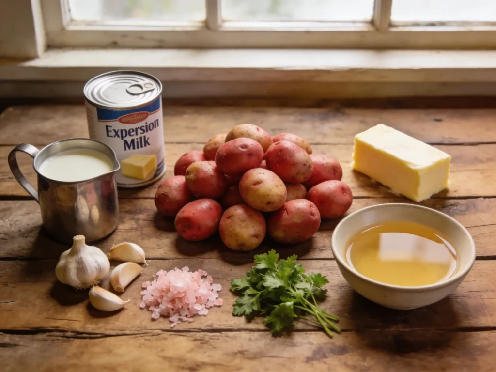 Ingredients for Slow Cooker Amish Evaporated Milk Baby Potatoes including baby potatoes garlic butter and evaporated milk
