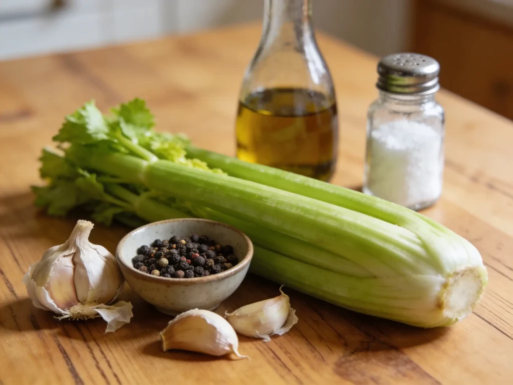 Ingredients for Low Carb Pickled Celery Snack including celery vinegar garlic and spices