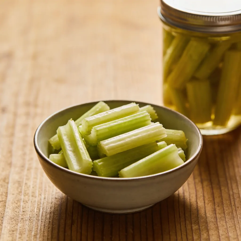 Crunchy Low Carb Pickled Celery Snack served in a bowl