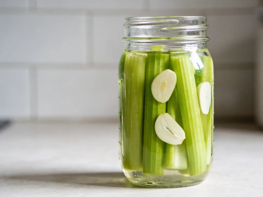 Low Carb Pickled Celery Snack in a mason jar with vinegar and garlic
