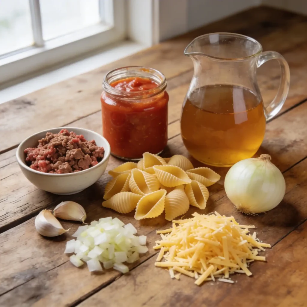 Ingredients for easy one pot beef and shells recipe