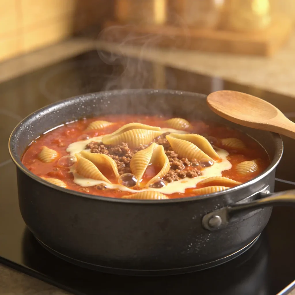 Pasta shells cooking in sauce for one pot beef and shells