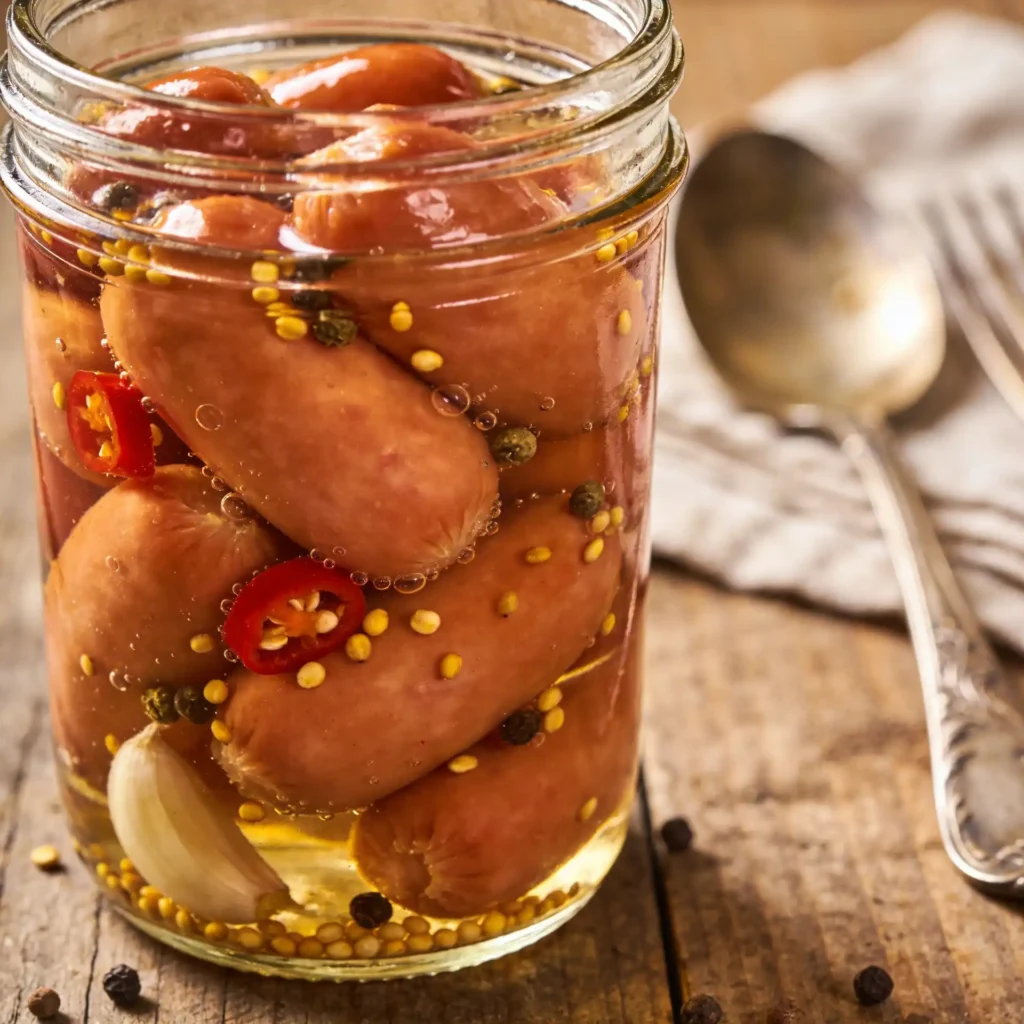 Pickled troll toes sausages soaking in spicy garlic brine