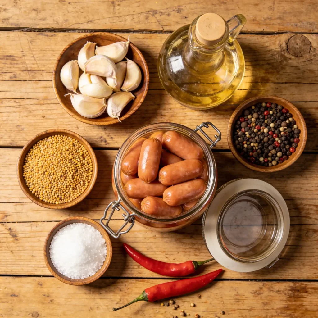Ingredients for Pickled Troll Toes Recipe including sausages garlic and spices