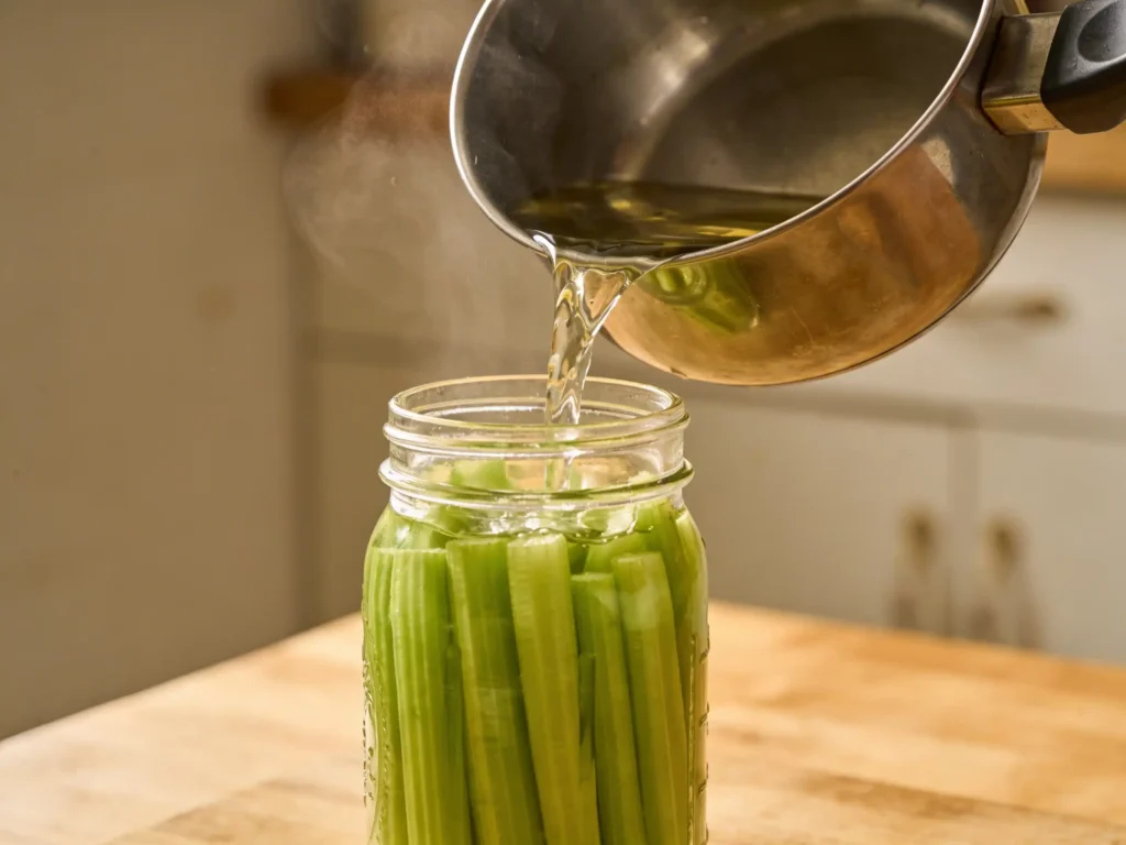 Pouring vinegar brine over celery to make Low Carb Pickled Celery Snack