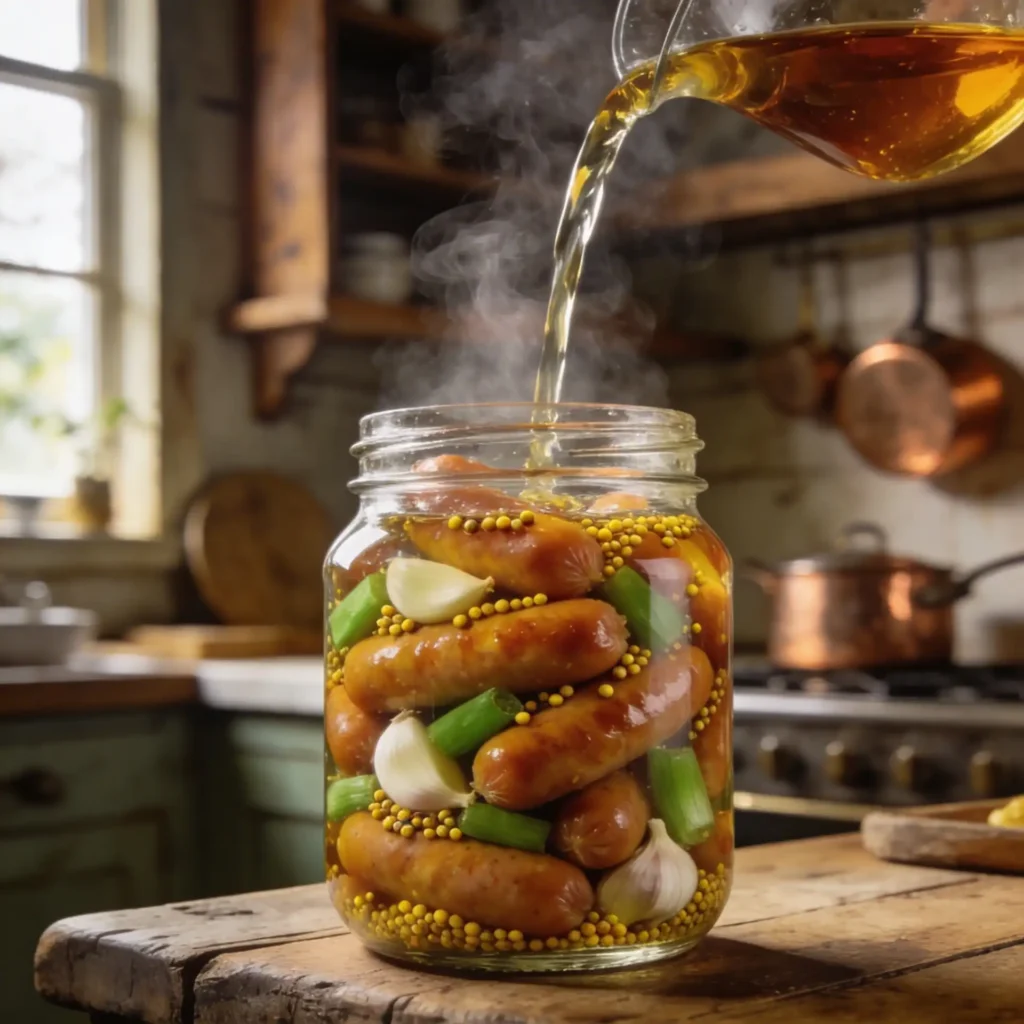 Pouring hot vinegar brine over cocktail sausages for Pickled Troll Toes Recipe