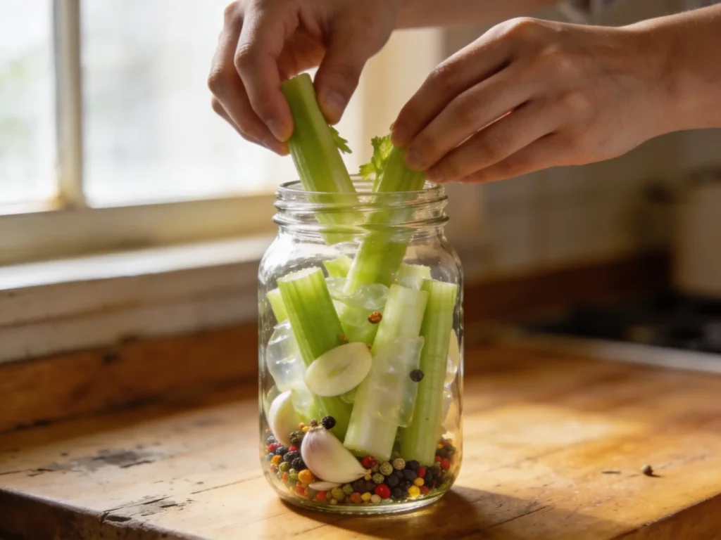 Preparing celery sticks in a jar for Low Carb Pickled Celery Snack