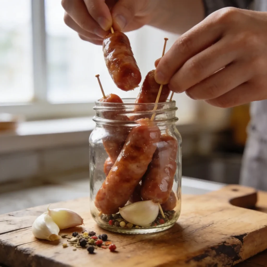 Preparing jar for Pickled Troll Toes Recipe with sausages and spices