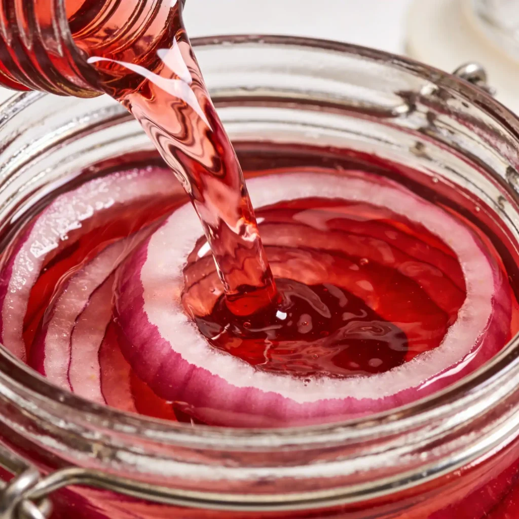 adding brine to quick pickled red onions