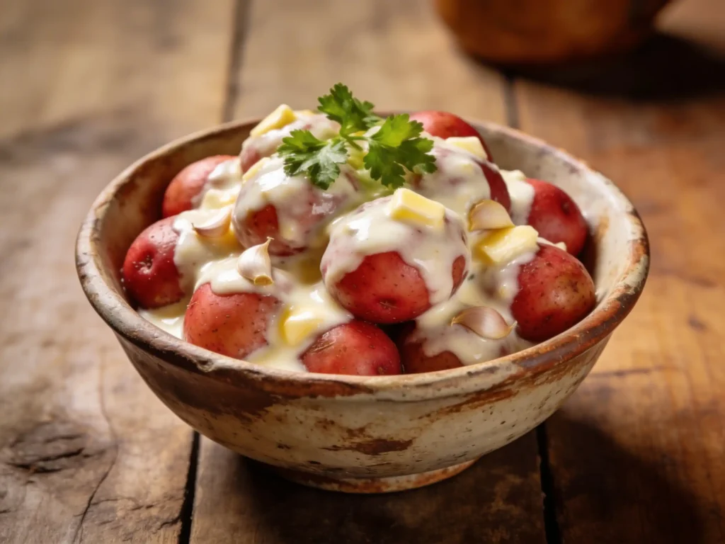 Slow Cooker Amish Evaporated Milk Baby Potatoes served in a rustic bowl with garlic butter sauce