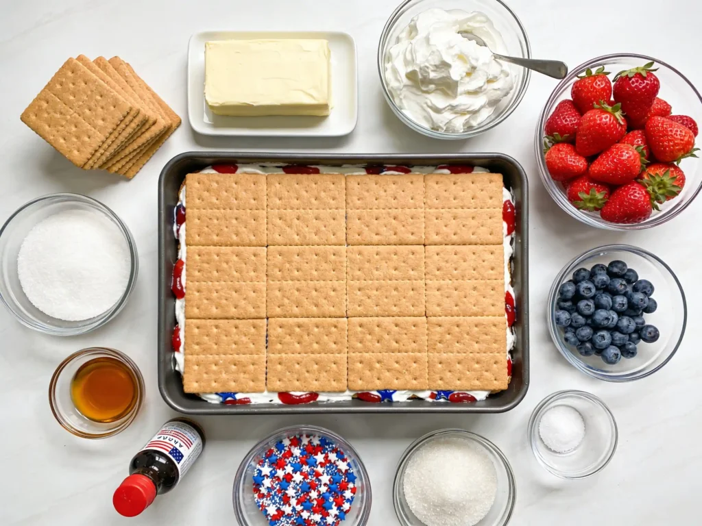 Ingredients for 4th of July Icebox Cake on a kitchen surface
