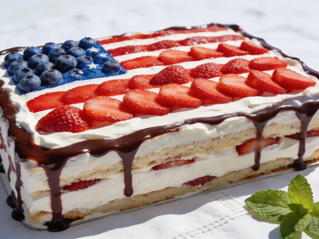 4th of July Icebox Cake served on a summer dessert table