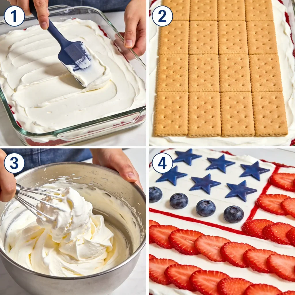 Step-by-step collage showing how to build a 4th of July Icebox Cake